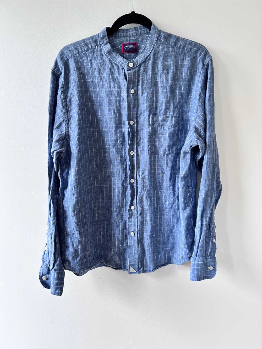 UNTUCKit Men’s Large 100% Linen Blue Windowpane Button Up Shirt Natural Resort